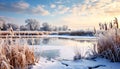 Winter snow landscape with a frozen river and frost-covered trees at beautiful sunrise. Serene cold nature scene. Royalty Free Stock Photo