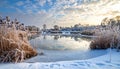 Winter snow landscape with a frozen lake and frosty reeds. Serene morning scenery with beautiful sky reflection in the w Royalty Free Stock Photo