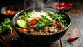 Authentic Vietnamese Beef Pho Noodle Soup with Herbs and Chili Royalty Free Stock Photo