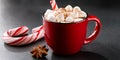 Cozy Christmas Hot Chocolate In A Brown Mug With Marshmallows, Candy Cane, Cinnamon Sticks, And Festive Greens Royalty Free Stock Photo