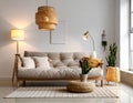 Interior of modern living room with warm sofa, houseplant on ottoman and glowing lamp Royalty Free Stock Photo