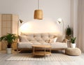 Interior of modern living room with warm sofa, houseplant on ottoman and glowing lamp Royalty Free Stock Photo