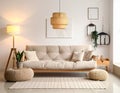 Interior of modern living room with warm sofa, houseplant on ottoman and glowing lamp Royalty Free Stock Photo