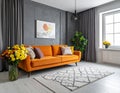 Interior of a modern living room with an orange sofa and chrysanthemum flowers. Royalty Free Stock Photo