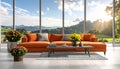 Interior of a modern living room with an orange sofa and chrysanthemum flowers. Royalty Free Stock Photo