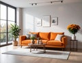 Interior of a modern living room with an orange sofa and chrysanthemum flowers. Royalty Free Stock Photo