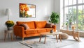 Interior of a modern living room with an orange sofa and chrysanthemum flowers. Royalty Free Stock Photo