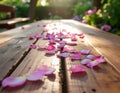 Sunlit wooden table covered in scattered pink rose petals Royalty Free Stock Photo