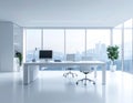 Modern office space featuring large floor-to-ceiling windows with a cityscape view, possibly a skyline. Royalty Free Stock Photo