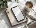 Smartphone displaying a checklist rests on a closed notebook with a gold pen atop a marble surface. Royalty Free Stock Photo