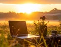 A serene outdoor setting at sunrise, featuring a laptop, a black potted plant with purple flowers, and a cup on a notebook Royalty Free Stock Photo