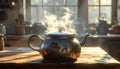 Steaming Kettle on Rustic Table, Warm Kitchen Morning Light Royalty Free Stock Photo