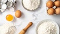 Baking Ingredients Flat Lay Flour, Eggs, Sugar, Whisk, Rolling Pin on White Marble Background Royalty Free Stock Photo