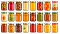 Variety of Preserved Food Jars Canned Fruits, Pickled Vegetables, Jams, and Beans on White Background Royalty Free Stock Photo