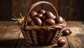 Gourmet Chocolate Easter Eggs in Wicker Basket on Rustic Wooden Table Royalty Free Stock Photo