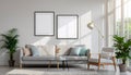 Modern Living Room Interior Design with Sofa, Armchair, Plants, and Mockup Frames Royalty Free Stock Photo