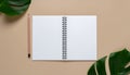 Open Blank Notebook with Pencil and Green Leaves on Beige Background, Top View Royalty Free Stock Photo
