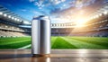Silver Soda Can on Wooden Table in Front of Soccer Stadium at Sunset Royalty Free Stock Photo