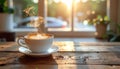Steaming Latte Art Coffee Cup on Wooden Table by Window with Sunrise Bokeh Royalty Free Stock Photo