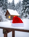Christmas art card. Santa hat on a bench in the snow against the background Royalty Free Stock Photo
