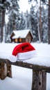Christmas art card. Santa hat on a bench in the snow against the background Royalty Free Stock Photo