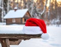 Christmas art card. Santa hat on a bench in the snow against the background Royalty Free Stock Photo