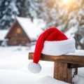 Christmas art card. Santa hat on a bench in the snow against the background Royalty Free Stock Photo