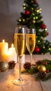 Champagne For Christmas Celebration - Flutes With Candle Decoration Royalty Free Stock Photo
