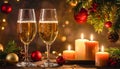 Champagne For Christmas Celebration - Flutes With Candle Decoration Royalty Free Stock Photo