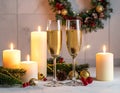 Champagne For Christmas Celebration - Flutes With Candle Decoration Royalty Free Stock Photo