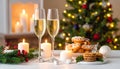 Champagne For Christmas Celebration - Flutes With Candle Decoration Royalty Free Stock Photo
