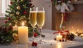 Champagne For Christmas Celebration - Flutes With Candle Decoration Royalty Free Stock Photo