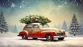 Vintage Merry Christmas postcard background - Miniature antique car carrying christmas Royalty Free Stock Photo