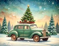 Vintage Merry Christmas postcard background - Miniature antique car carrying christmas Royalty Free Stock Photo