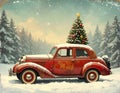 Vintage Merry Christmas postcard background - Miniature antique car carrying christmas Royalty Free Stock Photo