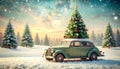 Vintage Merry Christmas postcard background - Miniature antique car carrying christmas Royalty Free Stock Photo