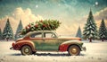 Vintage Merry Christmas postcard background - Miniature antique car carrying christmas Royalty Free Stock Photo