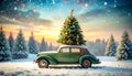 Vintage Merry Christmas postcard background - Miniature antique car carrying christmas Royalty Free Stock Photo