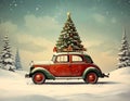 Vintage Merry Christmas postcard background - Miniature antique car carrying christmas Royalty Free Stock Photo