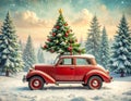 Vintage Merry Christmas postcard background - Miniature antique car carrying christmas Royalty Free Stock Photo