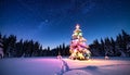 Christmas tree in snowy night. Magnificent colorful Christmas tree outdoor in a snowy Royalty Free Stock Photo