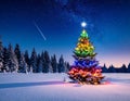 Christmas tree in snowy night. Magnificent colorful Christmas tree outdoor in a snowy Royalty Free Stock Photo