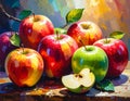 A vibrant painting depicting a cluster of apples with a mix of red and green hues Royalty Free Stock Photo