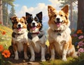 Three dogs sit in a forest clearing adorned with colorful wildflowers Royalty Free Stock Photo