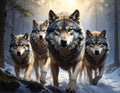A pack of wolves (Canis lupus) strides through a snowy coniferous forest Royalty Free Stock Photo