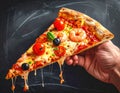 Sliced slice of pizza in hand with cheese, trout, tomatoes cherry, olives and shrimps Royalty Free Stock Photo
