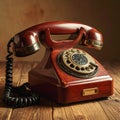 Retro rotary phone close-up on an old wooden desk. Vintage concept. Royalty Free Stock Photo