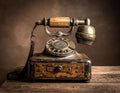 Retro rotary phone close-up on an old wooden desk. Vintage concept. Royalty Free Stock Photo