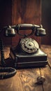 Retro rotary phone close-up on an old wooden desk. Vintage concept. Royalty Free Stock Photo