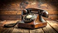 Retro rotary phone close-up on an old wooden desk. Vintage concept. Royalty Free Stock Photo